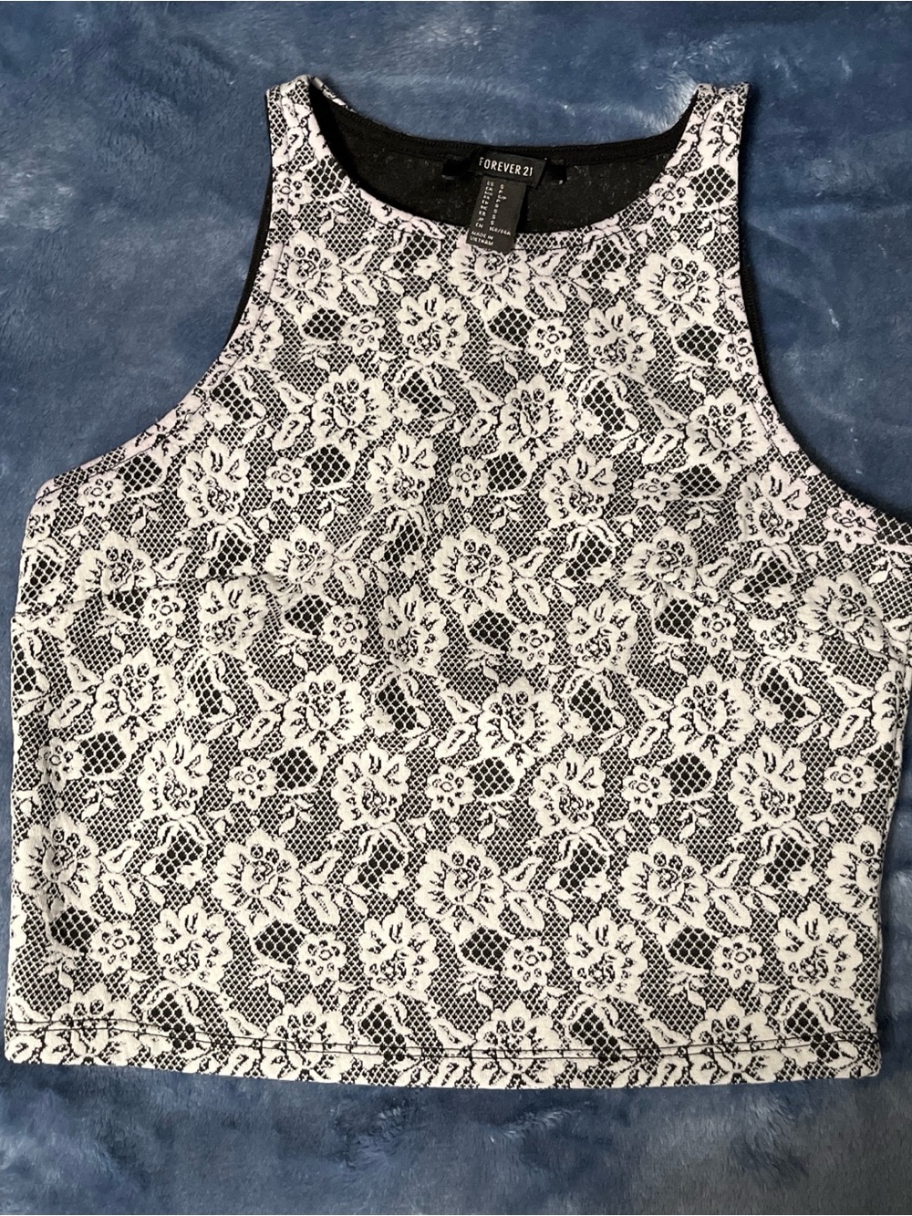 Forever 21 Black Cropped Tank with White Floral Lace Overlay